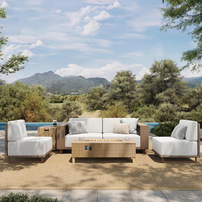 HERA'S HOUSE 4 Pieces Patio Furniture Set with Fire Pit, Outdoor Sectional Rattan Wicker Sofas with 10" Thick Cushion, Low Profile Lawn Deck Furniture with Wide Armrest
