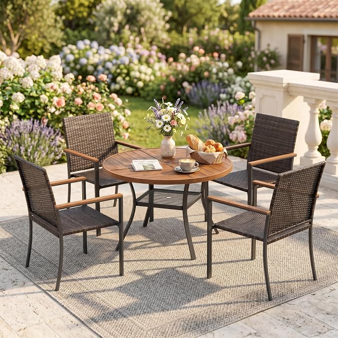 VICLLAX Patio Dining Set for 4, 40.7" Walnut Round Table & Rattan Chairs