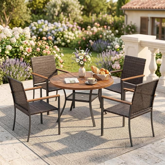 VICLLAX Patio Dining Set for 4, 40.7" Walnut Round Table & Rattan Chairs
