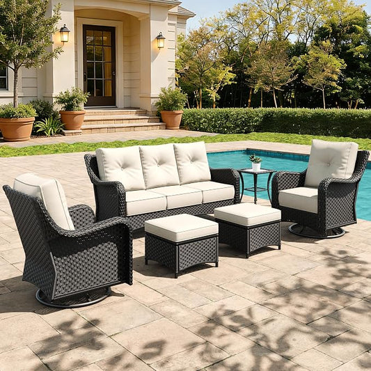 6 Pieces Outdoor Furniture Set with 6-inch Cushions, High Back Wicker Swivel Rocker Chairs with Coffee Table, Luxury Conversation Set for Deck Patio and Poolside