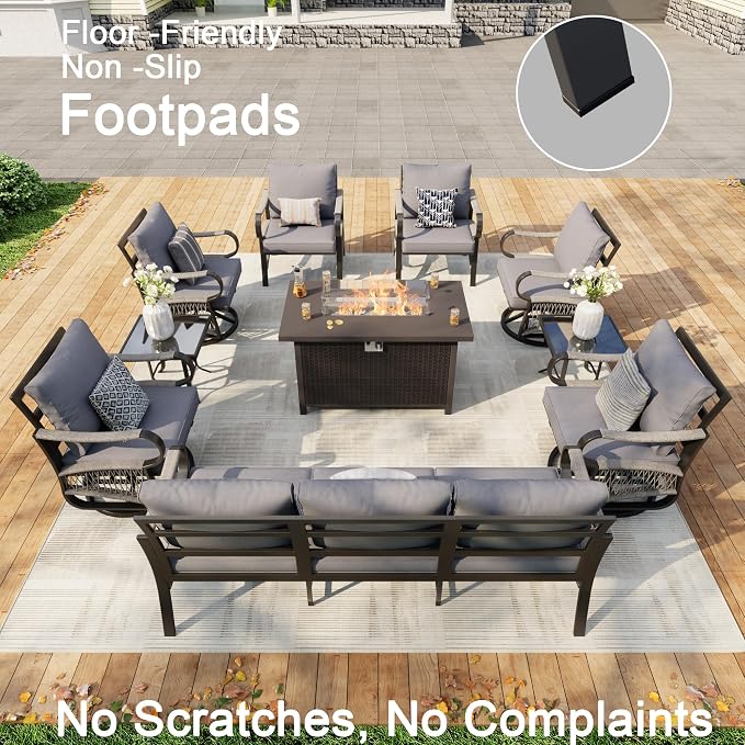 10 Pieces Patio Furniture Set, Metal Outdoor Conversation Sets with Fire Pit Table and Swivel Chairs for Backyard Garden Deck Porch Poolside (Thick Gray Cushions)