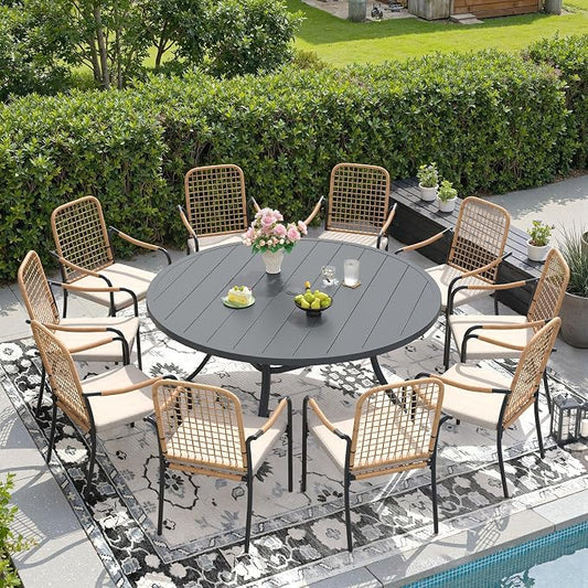 DIFY 11 Pieces Outdoor Dining Set for 10, 60" Round Dining Table with Umbrella Hole & Wicker Stackable Patio Chairs with Cushions, Metal Patio Table and Chairs Set for Backyard Porch Garden, Grey