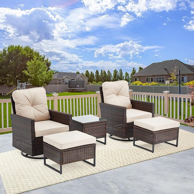 AVAWING 5 Pieces Patio Furniture Set, Wicker Swivel Glider Chairs with 2 Ottomans and 1 Side Table, Patio Chairs with Waterproof Blue Cushions for Garden, Backyard and Porch,