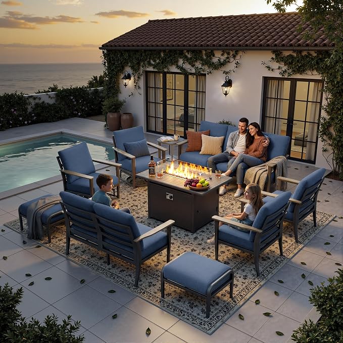 Aluminum Outdoor Patio Furniture Set with Swivel Rocking Chairs 11-Seat, Patio Sectional Sofa with Ottomans Patio Conversation Set with 55,000 BTU Fire Pit Table & High Backrest, Navy Blue