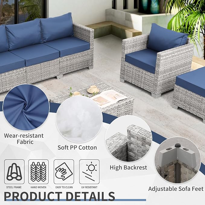 WAROOM Patio Furniture Set 6 Piece PE Rattan Outdoor Conversation Sets Grey Wicker Couch Sectional Sofa with Storage Coffee Table and Navy Blue Cushion