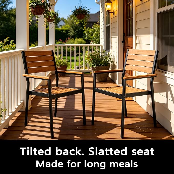 9-Piece Outdoor Dining Set for 8 Person with Teak Wood-Grain Top | Armrest Stackable Chairs with 19.4" Seat Depth, Aluminum Frame Dining Furniture with Umbrella Hole for Deck, Porch & Backyard