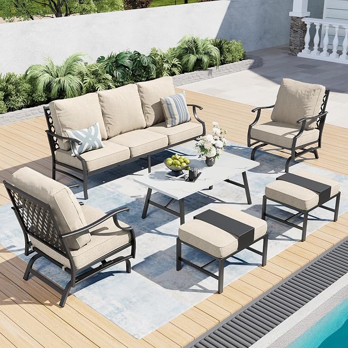 SUNSHINE VALLEY Patio Furniture Set, Modern Metal Outdoor Patio Furniture, 3 Seater Sofa, 2 Rocking Chairs, 2 Ottomans, Coffee Table and 5.75" Extra Thick Cushion, Patio Conversation Set for Backyard