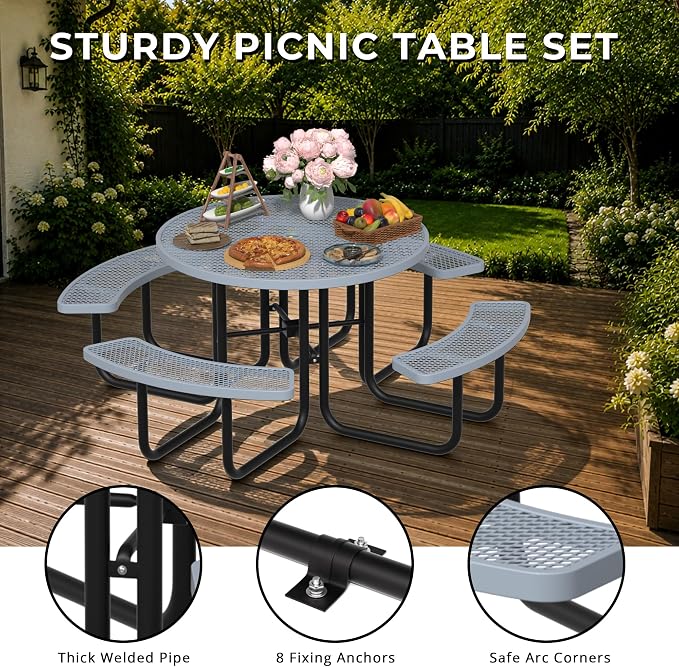 All-Weather Round Outdoor Picnic Table, Commercial Picnic Table Bench Set with Umbrella Hole, Thermoplastic Coated Metal Dining Tables for School, Stores, Park, Patio, Yard, Grey
