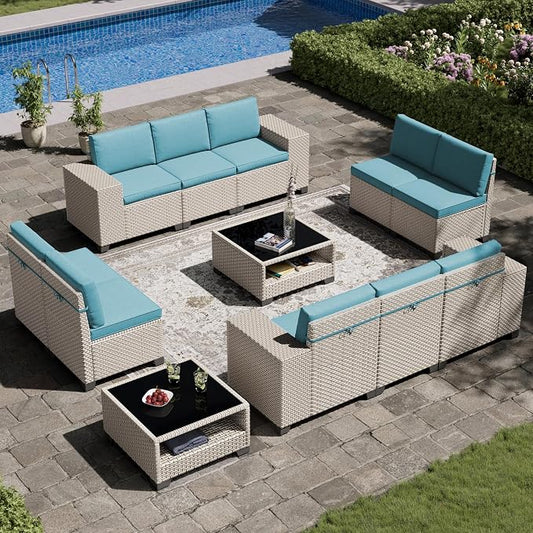 12-Piece Outdoor Patio Furniture Set, Modular Sectional Sofa Set with Glass Coffee Table and Cushions, Wicker Outdoor Couch Conversation Sets, Turquoise