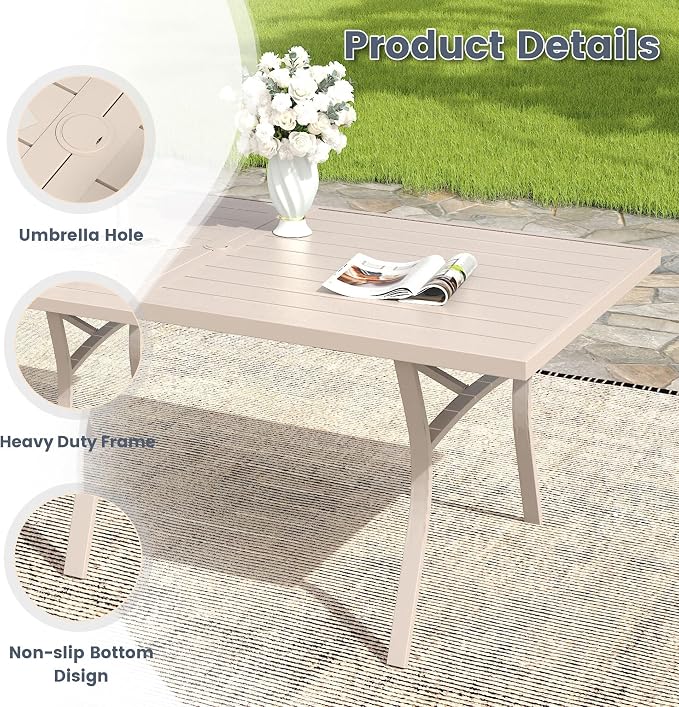 VICLLAX 9 Pieces Patio Outdoor Dining Set, 8 Swivel Textilene Chairs and 70" Rectangular Metal Table with Umbrella Hole for Porch, Deck, Garden, Sandshell