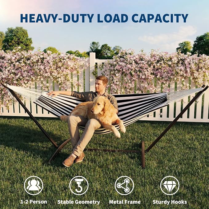 Hammock with Stand for Outside，450 lb Weight Capacity Double Hammock，Heavy Duty Steel Frame，Premium Carry Bag, Portable Hammock for Indoor, Patio, Beach - Black
