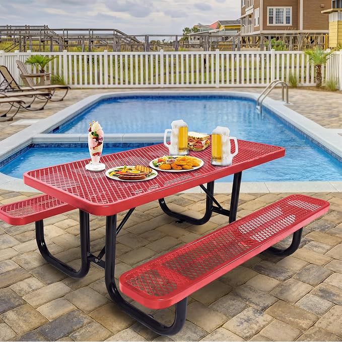 Heavy Duty Picnic Table for Outdoor 1400 lbs Load All Metal Camping Table with Umbrella Hole up to 1.5", Rectangle Dining Table for Commercial Picnic Table with Benches, Red