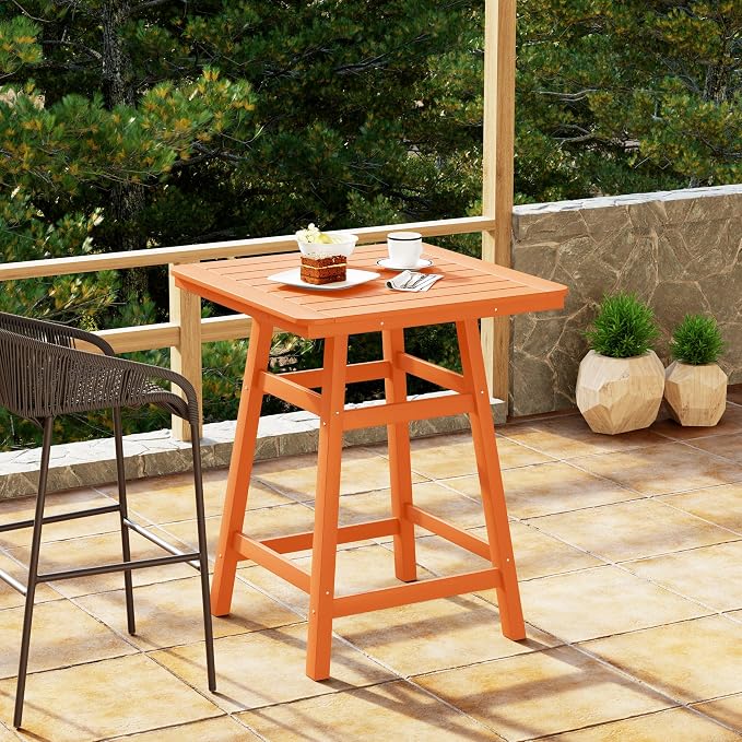 Costaelm Outdoor Bar Table, 37" Counter Height Square Patio Cocktail Bar Table with Umbrella Hole, Patio Bistro Dining Pub Table for Front Porch Deck Backyard Garden, Orange