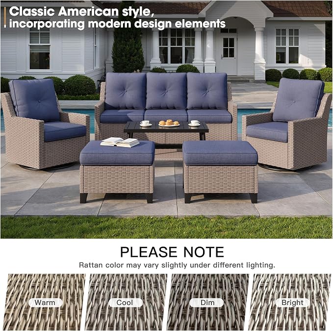 NestNook 6 Piece Patio Furniture Set, Outdoor Furniture Wicker Swivel Chairs Set of 2 with 3-Seater Sofa, 2 Ottomans and Coffee Table Patio Conversation Set for Backyard Balcony & Poolside（Blue）