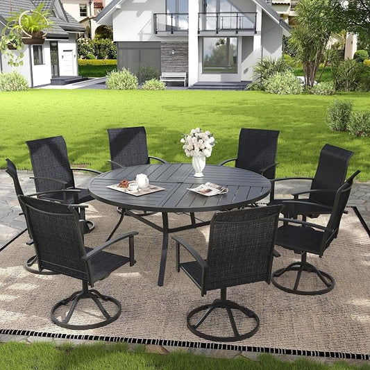 VICLLAX 9 Pieces Patio Outdoor Dining Set, 8 Swivel Textilene Chairs and 63" Round Metal Table with Umbrella Hole for Porch, Deck, Garden, Black