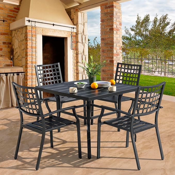 NUU GARDEN 5 Piece Outdoor Patio Dining Set, 37" Square Dining Table with 1.57" Umbrella Hole and 4 Dining Chairs, Powder-Coated Finish, for Garden,Patio, Deck, Backyard, Black