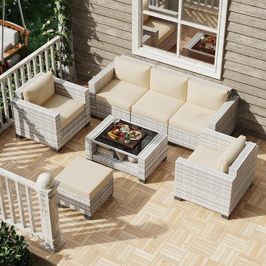 KIGOTY Patio Furniture Set 7 PCS Patio Conversation Sets, All-Weather PE Rattan Outdoor Sectional Sofa with Cushion and 2- Tier Glass Coffee Table（Grey White/Grey）