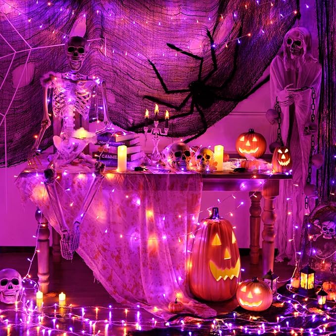 JMEXSUSS 33 FT 100 LED Orange and Purple Halloween String Lights Indoor | Plug In Halloween Lights Clear Wire, 8 Modes Outdoor Waterproof Christmas String Light for Halloween Decor