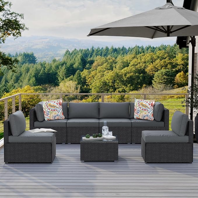 7-Piece Outdoor Patio Furniture Set, Outdoor Couch - Handwoven All-Weather Rattan & 4” Thick Waterproof Cushions, Wicker Outdoor Conversation Sets with Coffee Table for Backyard, 2026, Black/Grey