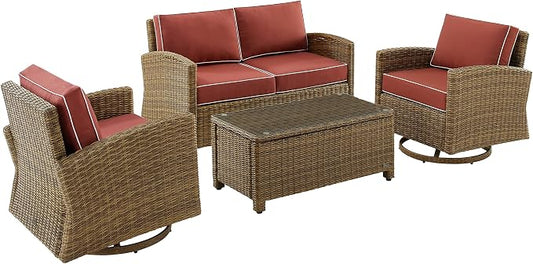 Crosley Furniture Bradenton 4-Piece Wicker Outdoor Loveseat and Swivel Rocker Patio Furniture Set for Porch, Brown with Sangria Cushions