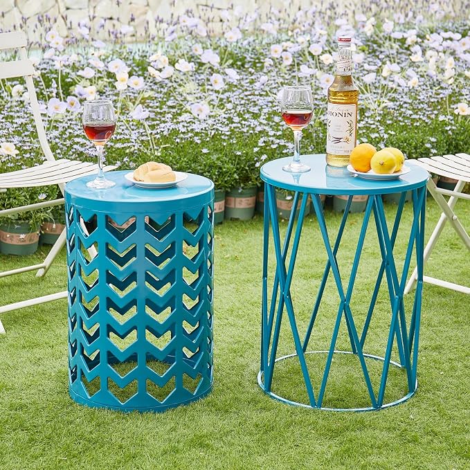 Y&M Set of 3 Nesting Metal Round Coffee Table, Side Table End Table for Indoor Outdoor Multifunctional Use,Heavy Duty Metal Plant Stand Decorative Garden Stool- Blue(Ship from US) | Outdoor side tables nesting design heavy duty metal waterproof patio b...