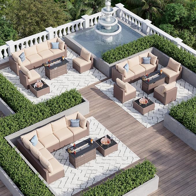 Aoxun 8 Piece Patio Furniture Set with 44” Fire Pit Table, Wicker Rattan Patio Sectional Sofa, Outdoor Furniture Set with Thickened Cushion, Brown