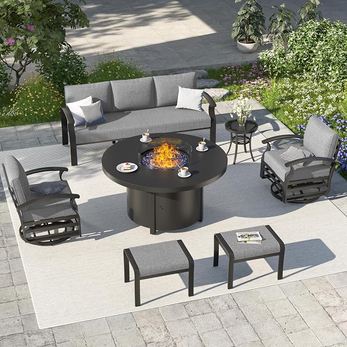 ALAULM Aluminum Patio Furniture Set with Coffee Table Rectangular, 5-seat Outdoor Sectional Furniture w/2 Swivel Chairs, Patio Conversation Set for Porch, Backyard, Poolside-Grey