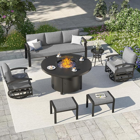 ALAULM Aluminum Patio Furniture Set with Coffee Table Rectangular, 5-seat Outdoor Sectional Furniture w/2 Swivel Chairs, Patio Conversation Set for Porch, Backyard, Poolside-Grey