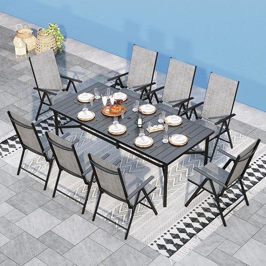 Sophia & William Patio Dining Set for 8 with Folding Chairs, Grey | Light-weight & space-saving, Quick-drying, Rectangular, Umbrella Hole, Weather-Resistant, Adjustable, Outdoor deck