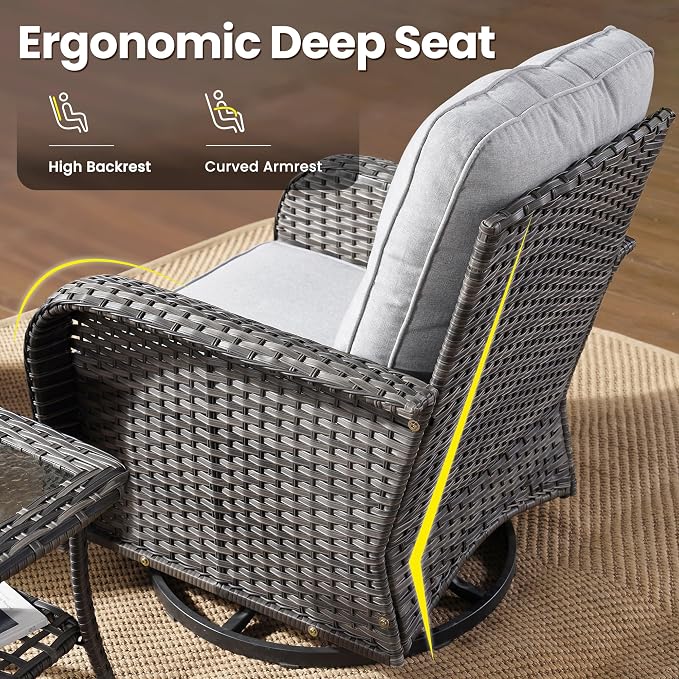 ovios 3-Piece Patio Furniture Set, Outdoor Wicker Sofa with Swivel Chairs, High Back Rattan Gliders Rocker with Comfy Cushions for Porch Yard Deck, Grey