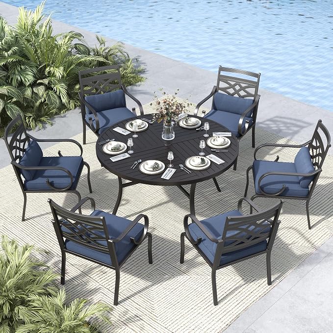 MFSTUDIO 7-Piece Patio Dining Set, 54" Round Metal Table, Swivel Chairs | Mixed Swivel and Fixed Chairs, Umbrella Hole, Blue