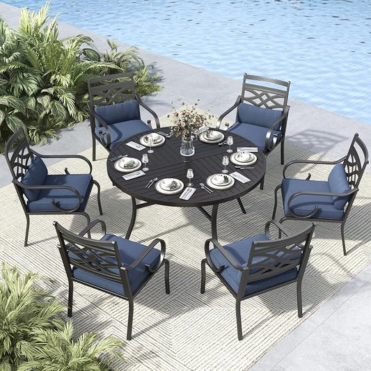 MFSTUDIO 7-Piece Patio Dining Set, 54" Round Metal Table, Swivel Chairs | Mixed Swivel and Fixed Chairs, Umbrella Hole, Blue