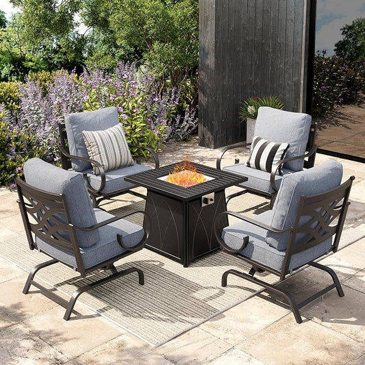 Sophia & William Patio Conversation Set for 4, 4 Rocking Chairs and a 28" Square Fire Pit Table, Metal Outdoor Furniture with 5.75" Extra Thick Cushions, Grey