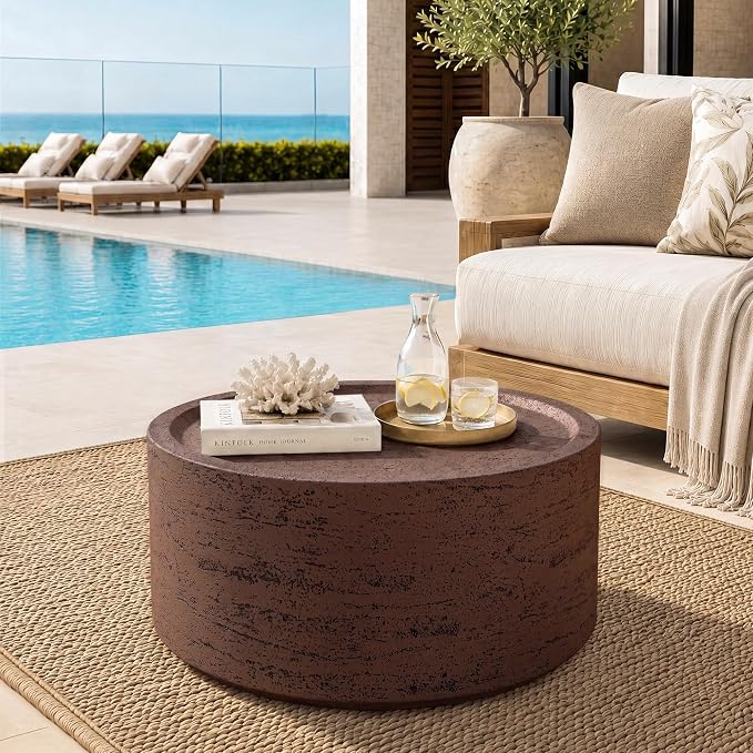 UPHA 28" Round Outdoor Coffee Table, Modern Hollow Concrete Patio Table, Small Minimalist Low Accent Table for Living Room, Balcony, Deck, Backyard, Rust Red