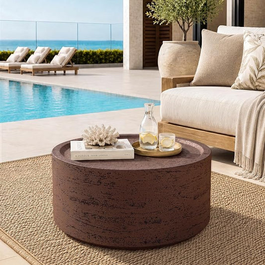 UPHA 28" Round Outdoor Coffee Table, Modern Hollow Concrete Patio Table, Small Minimalist Low Accent Table for Living Room, Balcony, Deck, Backyard, Rust Red