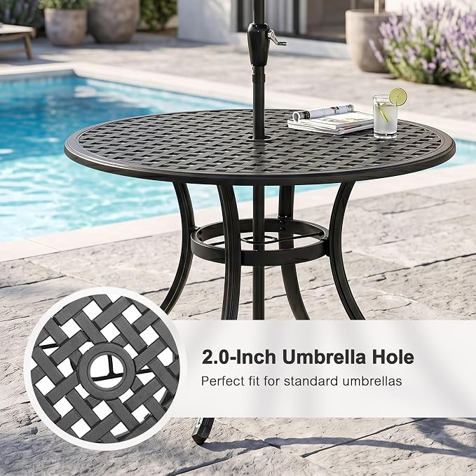 NUU GARDEN 5-Piece Outdoor Dining Set, 33" Cast Aluminum Dining Table with Umbrella Hole and 4 Cast Aluminum Chairs, Patio Table and Chair Set, Patio Dining Set for Poolside Deck Yard Balcony, Black