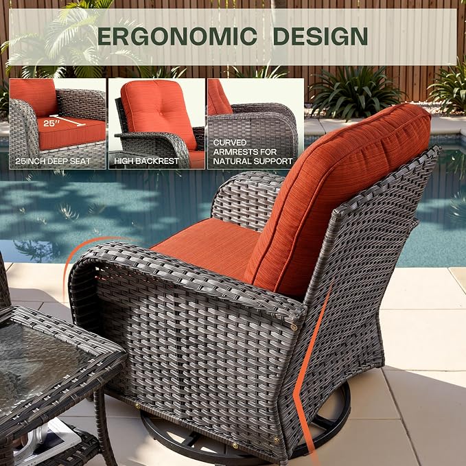 3-Piece Patio Furniture Set, Outdoor Wicker Furniture with Coffee Table, High Back Swivel Rocker Patio Chairs, Modern Rattan Outdoor Chairs Conversation Set for Porch, Balcony, Garden, Orange-Red