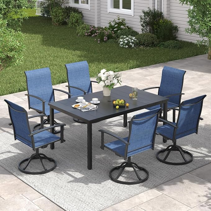 VICLLAX Outdoor Table and Chairs Set of 6, 7 Pieces Metal Patio Dining Set-63 Rectangle Dining Table and 6 Swivel Chairs for Deck, Lawn and Garden, Black Table and Blue Chairs