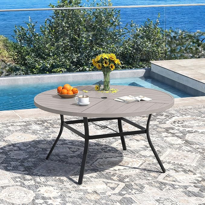 DIFY 50" Round Outdoor Patio Dining Table for 6, Metal Patio Table with 1.57" Adjustable Umbrella Hole, All-Weather Outdoor Furniture Table for Garden Backyard Deck, Grey Wood-Like