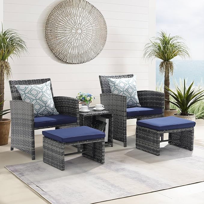 OC Orange-Casual 5 Piece Patio Furniture Set, Wicker Outdoor Conversation Chair and Ottoman Set with Coffee Table, for Balcony, Porch, Deck, Navy Blue