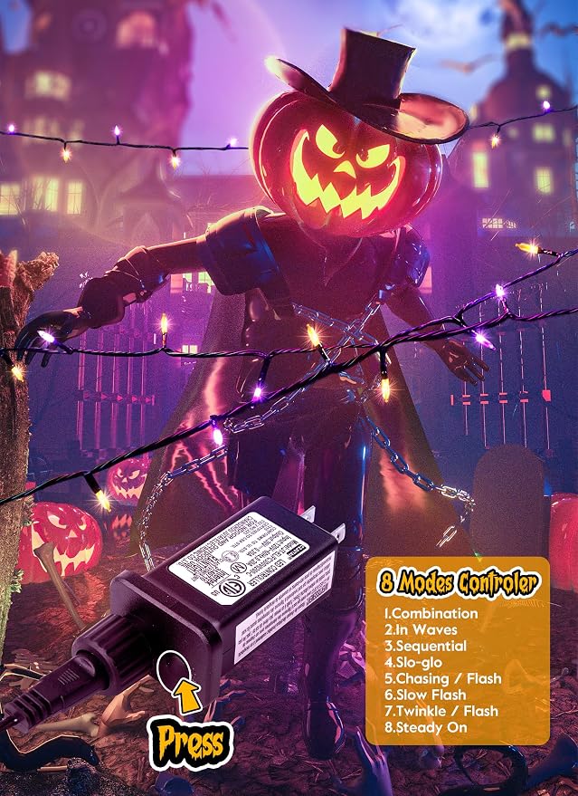 Orange Purple Outdoor Halloween Lights, 39Feet 100LED Christmas Mini Lights | 8 Lighting Modes, Connectable, Waterproof, String Fairy Lights Plug In for Garden Patio Party Wedding Xmas Tree Decoration