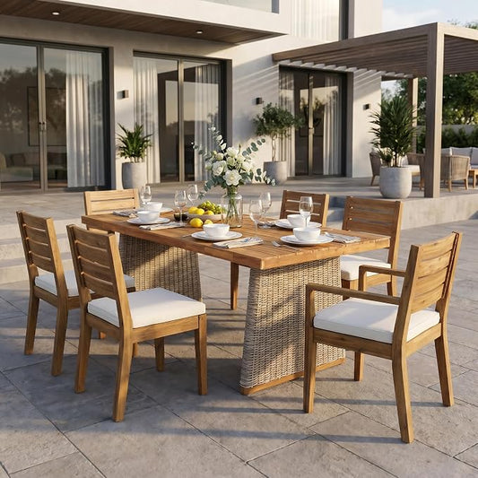 Christopher Knight Home Smeb Acacia Wood Outdoor Dining Table Set for 6, Outdoor Dining Set, Patio Table and Dining Chairs Set of 6 with Cushions, 7 Pieces Patio Furniture Set, Teak + Brown + Cream