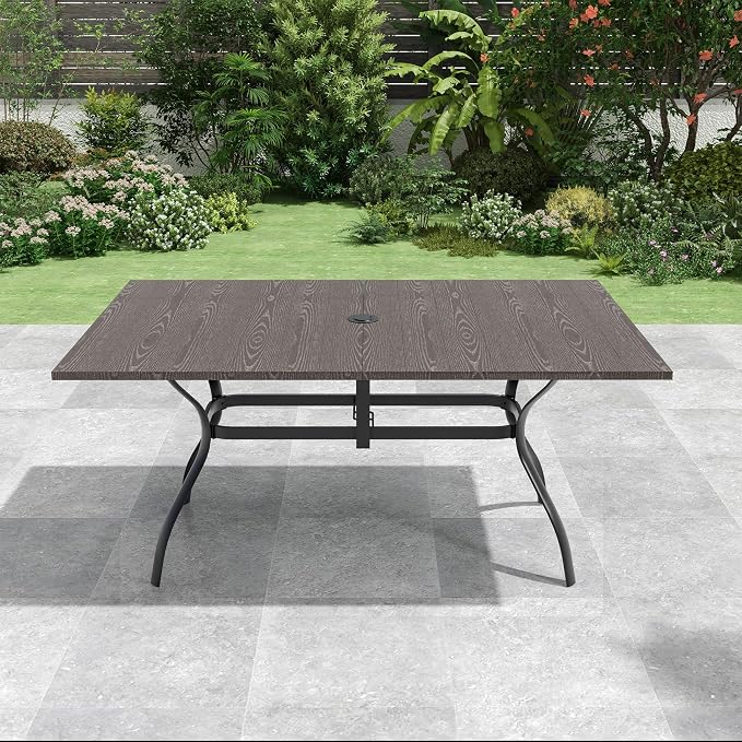 Patio Dining Table for 6,Large Rectangle Outdoor Table with Adjustable Umbrella Hole,63"x 38"x 28",Brown