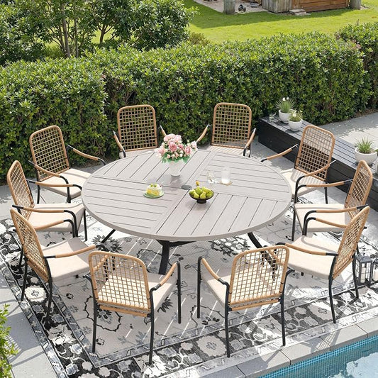 DIFY 11 Pieces Outdoor Dining Set, Metal Patio Table and Chairs Set for 10, 63" Round Dining Table with Umbrella Hole & Wicker Stackable Patio Chairs with Cushions, Grey Wood-Like Tabletop
