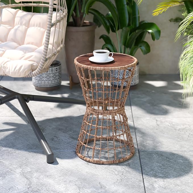 EMMA + OLIVER Ari Indoor/Outdoor Patio Table - Natural Finish Faux Rattan Rope - Acacia Wood Top - Powder Coated Steel Frame - 200 lb. Static Weight Capacity