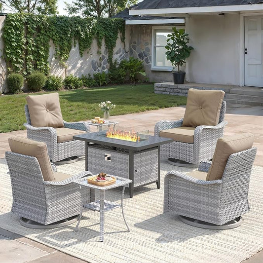 7-Piece Outdoor Conversation Set with 43" Fire Pit Table, 4 Swivel Rocking Chairs (4" Cushions) & 2 Side Tables, All-Weather PE Rattan & Steel Frame for Porch, Deck, Backyard, Beige
