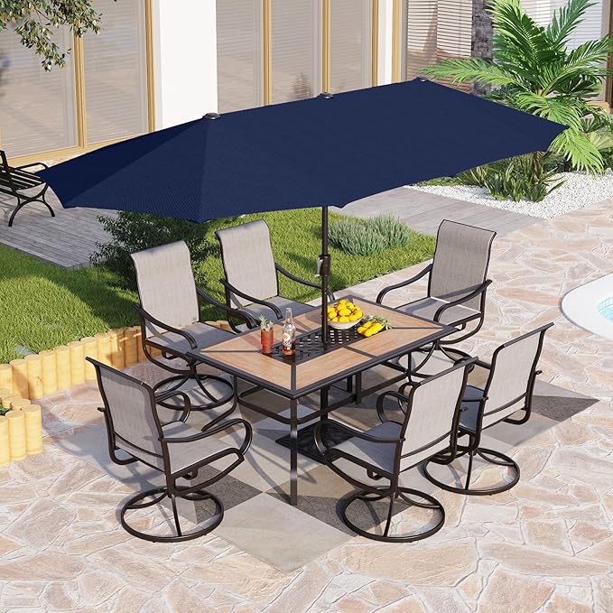 PHI VILLA 8 Pc Outdoor Dining Set with 13ft Umbrella, Swivel Mesh Chairs | 60'' wood-look rectangular table, 6 grey patio textilene chairs and 13ft navy blue umbrella(NO BASE) for deck, garden, yard