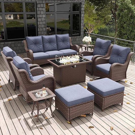 LayinSun 10 Pieces Outdoor Patio Furniture Set with Fire Pit Table, Rattan Wicker Sectional Swivel Rocker Chairs Sets with Ottomans, Swivel Glider Chair, Single Chairs and Coffee Table