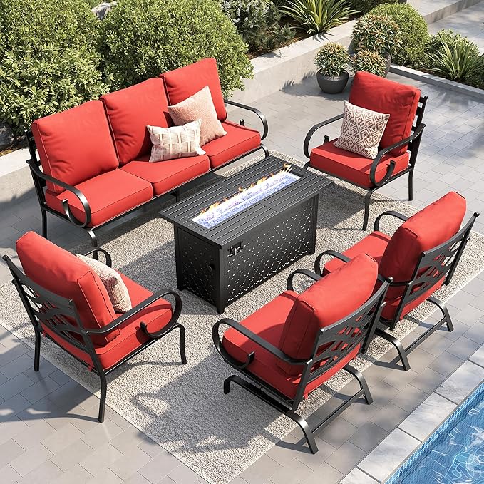 PHI VILLA Patio Furniture Set, 3-Seater Sofa, 2 Fixed Chairs, 2 Rocking Chairs and a 45" Fire Pit Table, Outdoor Metal Conversation Set with 5.75" Extra Thick Cushion for Garden Backyard Deck, Red