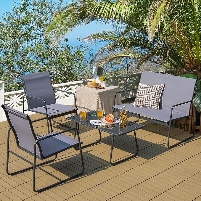 Tangkula 4 Pieces Patio Furniture Set, Outdoor Conversation Set with Tempered Glass Coffee Table, Metal Frame, Breathable Fabric, Indoor & Outdoor Chat Set of 4, for Patio, Poolside, Garden (Gray)